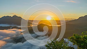 Beautiful light of sunrise sky in wild misty nature with wave of low clouds in Nong khiaw mountains valley,Laos.