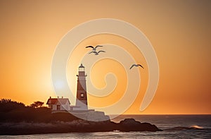 Beautiful lighthouse landscape during sunset on the coast. A flock of birds is flying in the sky. Created by artificial