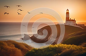 Beautiful lighthouse landscape during sunset on the coast. A flock of birds is flying in the sky. Created by artificial