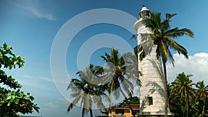 Beautiful lighthouse with palm trees on shore of tropical bay. Action. Beautiful bay shore with lighthouse and palm
