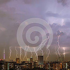 Beautiful lightning strike over big city.