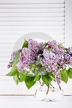 Beautiful lilac flowers in glass vase on white shutters