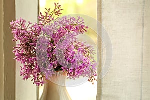 Beautiful lilac flowers in vase near window indoors, closeup
