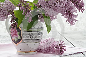 Beautiful lilac flowers in vase on table on light background