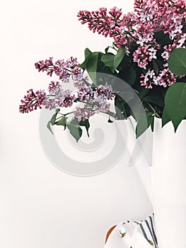 Beautiful lilac flowers in white stylish watering can on white background indoors. Modern decor design, purple lilac in metal