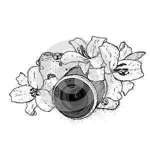 Beautiful lilies and a vintage camera. Vector illustration. Delicate flowers. Vintage print on postcard, poster or clothes.