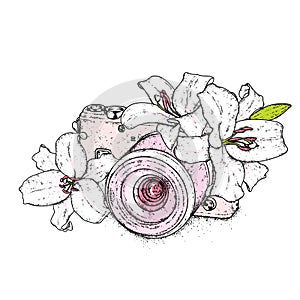 Beautiful lilies and a vintage camera. Vector illustration. Delicate flowers. Vintage print on postcard, poster or clothes.