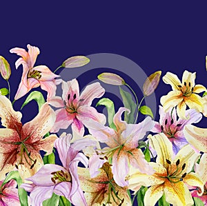 Beautiful lily flowers with green leaves on vivid blue background. Seamless floral pattern. Watercolor painting.