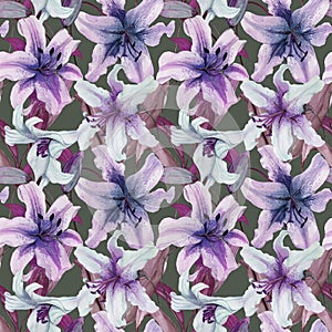 Beautiful lily flowers with leaves on gray background. Tints of purple, blue, lilac. Seamless floral pattern. Watercolor painting.