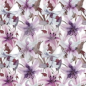 Beautiful lily flowers with leaves on white background. Tints of purple, blue, lilac. Seamless floral pattern. Watercolor painting