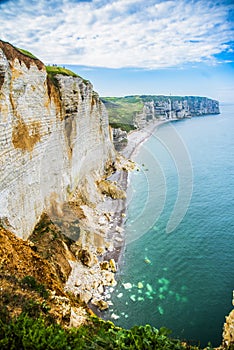 Beautiful limestone slopes in the Etretat area in Normandy by the ocean in France