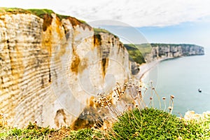 Beautiful limestone slopes in the Etretat area in Normandy by the ocean in France