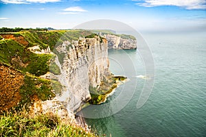 Beautiful limestone slopes in the Etretat area in Normandy by the ocean in France