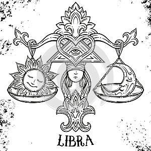Beautiful line art filigree zodiac symbol. Black sign on vintage background.Elegant jewelry tattoo.Engraved horoscope