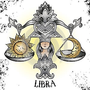 Beautiful line art filigree zodiac symbol. Black sign on vintage background.Elegant jewelry tattoo.Engraved horoscope