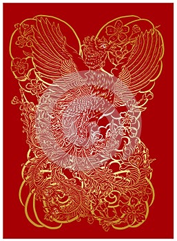 Beautiful line art of Phoenix for tattoo  design on background.