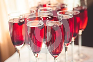 Beautiful line of different colored alcohol cocktails with smoke on a Christmas party, tequila, martini, vodka, and others on part