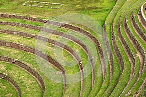 Beautiful lines of Incan agricultural terraces ruins of Moray Archaeological site, Sacred Valley of the Incas, Cusco Region, Peru