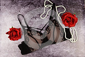 Beautiful lingerie black bra with beads and red roses