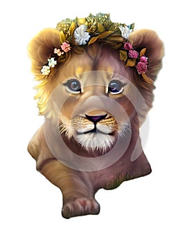 Beautiful Lion Cub Graphic with flowers in its hair on a transparent background