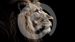 Beautiful lion profile portrait view isolated on black background.