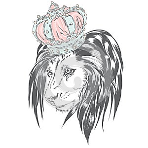 Beautiful lion wearing a crown. King of beasts. Vector illustration for greeting card, poster, or print on clothes.