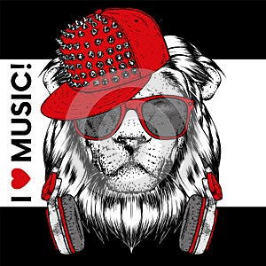 A beautiful lion wearing headphones. Vector illustration for a postcard or a poster, print for clothes. I love music.