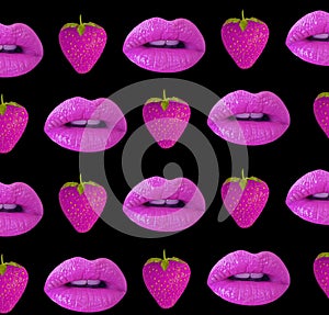 Beautiful lips, strawberry collage pattern on a colored background