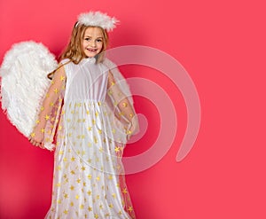 Beautiful little angel girl. Portrait of innocent girl angel with angelic wings. Valentine card. Sweet angel princess