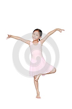 Beautiful little Asian child girl in pink tutu skirt isolated on white background. Children is studying ballet