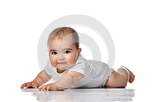 Beautiful little baby, crawling isolated on white background