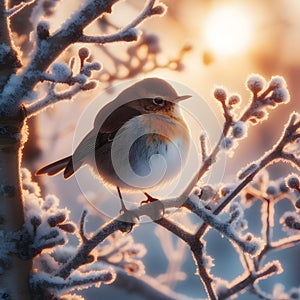 A beautiful little bird sits on a branch of a tree on a winter morning, frozen with snow wildlife scene, generative ai