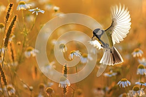 Beautiful little bird yellow tit flies over a field of white Daisy flowers in Sunny summer evening with feathers and wings spread