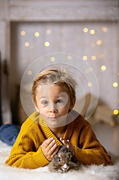 Beautiful little blond child, cute boy, holding small pet rabbit