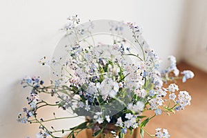 Beautiful little blue flowers in vase in warm sunlight on rustic wooden background. Delicate myosotis petals, forget me not spring