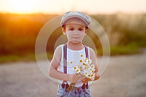 Beautiful little boy in daisy field on sunset