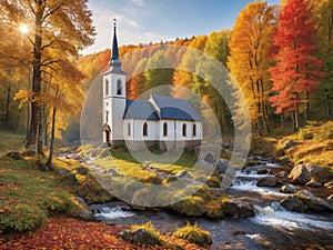 Beautiful little chuch in the edge of the forest surrounded by colorful autumn leaves