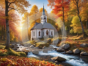 Beautiful little chuch in the edge of the forest surrounded by colorful autumn leaves