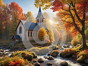 Beautiful little chuch in the edge of the forest surrounded by colorful autumn leaves