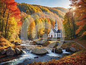 Beautiful little chuch in the edge of the forest surrounded by colorful autumn leaves