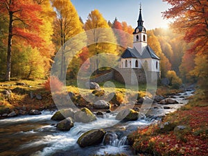 Beautiful little chuch in the edge of the forest surrounded by colorful autumn leaves