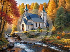 Beautiful little chuch in the edge of the forest surrounded by colorful autumn leaves