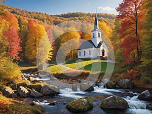 Beautiful little chuch in the edge of the forest surrounded by colorful autumn leaves