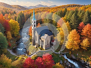 Beautiful little chuch in the edge of the forest surrounded by colorful autumn leaves