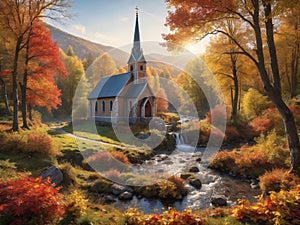 Beautiful little chuch in the edge of the forest surrounded by colorful autumn leaves