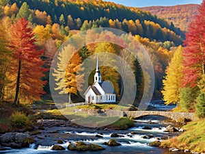 Beautiful little chuch in the edge of the forest surrounded by colorful autumn leaves