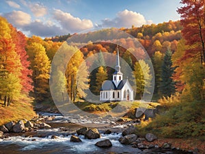 Beautiful little chuch in the edge of the forest surrounded by colorful autumn leaves