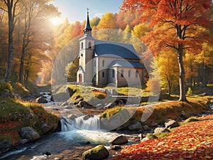 Beautiful little chuch in the edge of the forest surrounded by colorful autumn leaves