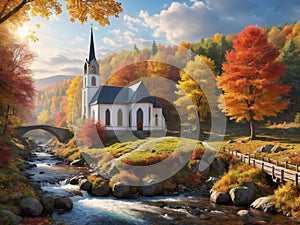 Beautiful little chuch in the edge of the forest surrounded by colorful autumn leaves