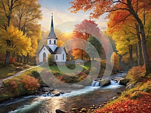 Beautiful little chuch in the edge of the forest surrounded by colorful autumn leaves